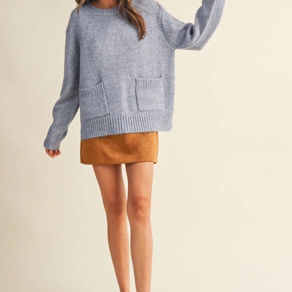 MUSTARD SEED Front Patch Pocket Sweater Top - Light Denim